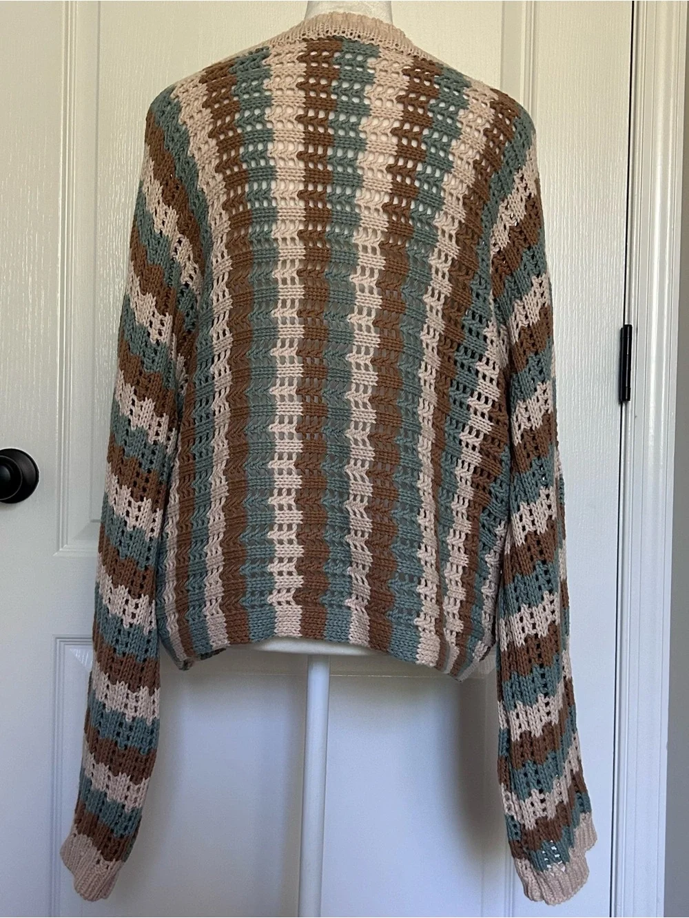 Anniewear Crochet Open Knit Longsleeve Pullover Sweater Earth Tones Cotton Large